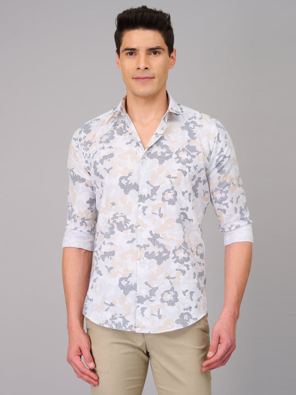 Men White Floral Print Full Sleeve Shirt (GBMKPR703)