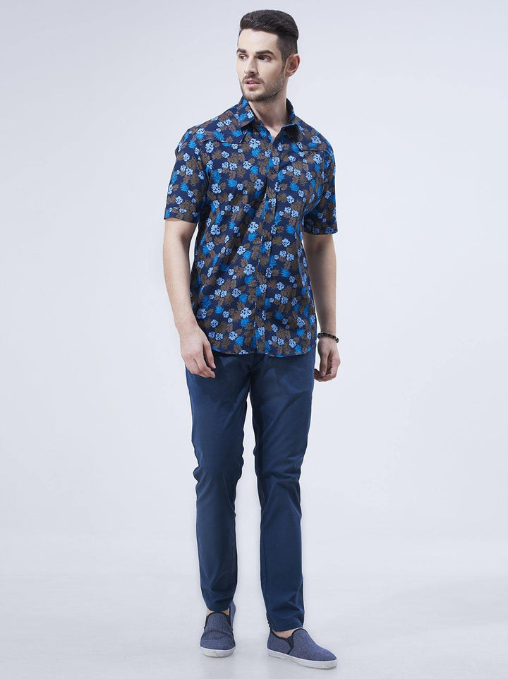 Navy Blue Floral Print Mens Shirt(GBN6004) - GOOSEBERY