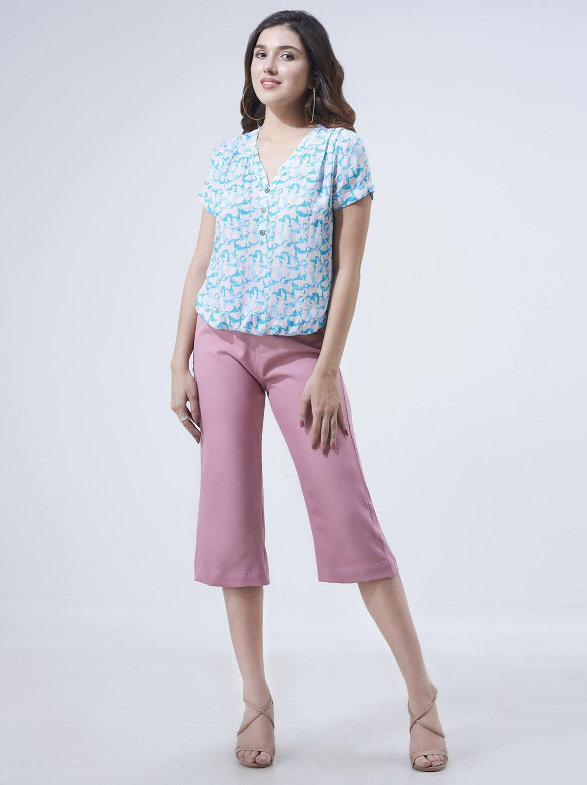 White and Blue Printed Top for Women (GBWT1003) - GOOSEBERY