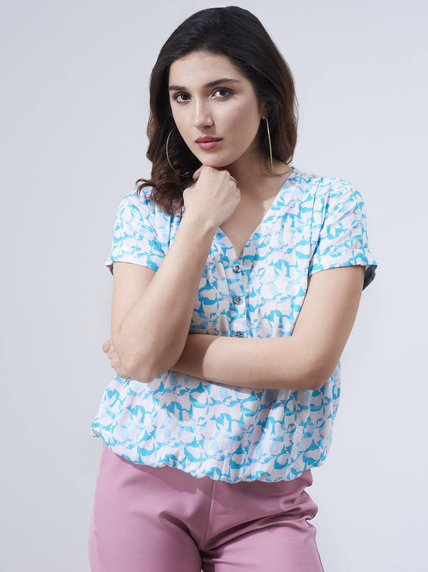 White and Blue Printed Top for Women (GBWT1003) - GOOSEBERY