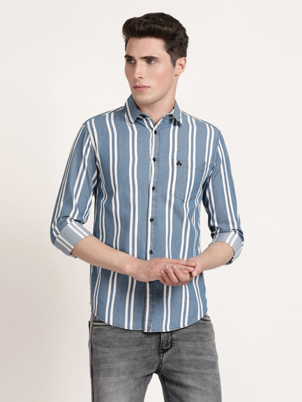 Men Blue Striped Semi Formal Shirt (GBRJ6013)