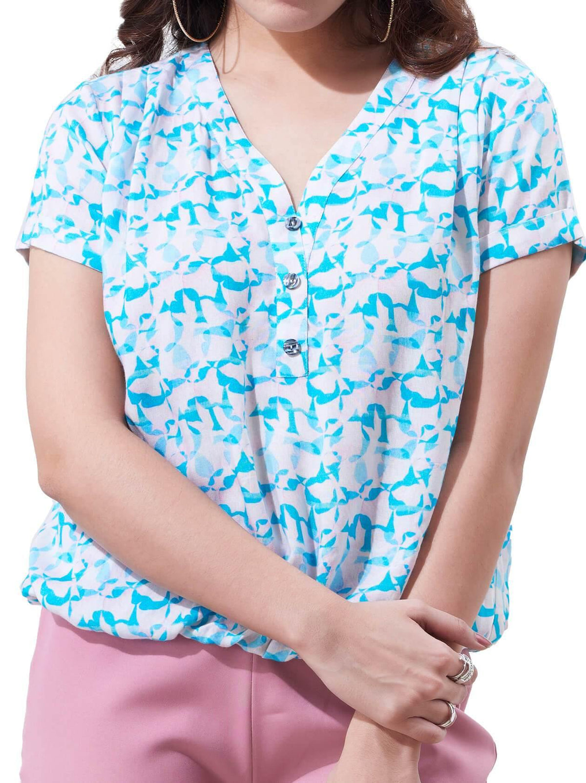 White and Blue Printed Top for Women (GBWT1003) - GOOSEBERY