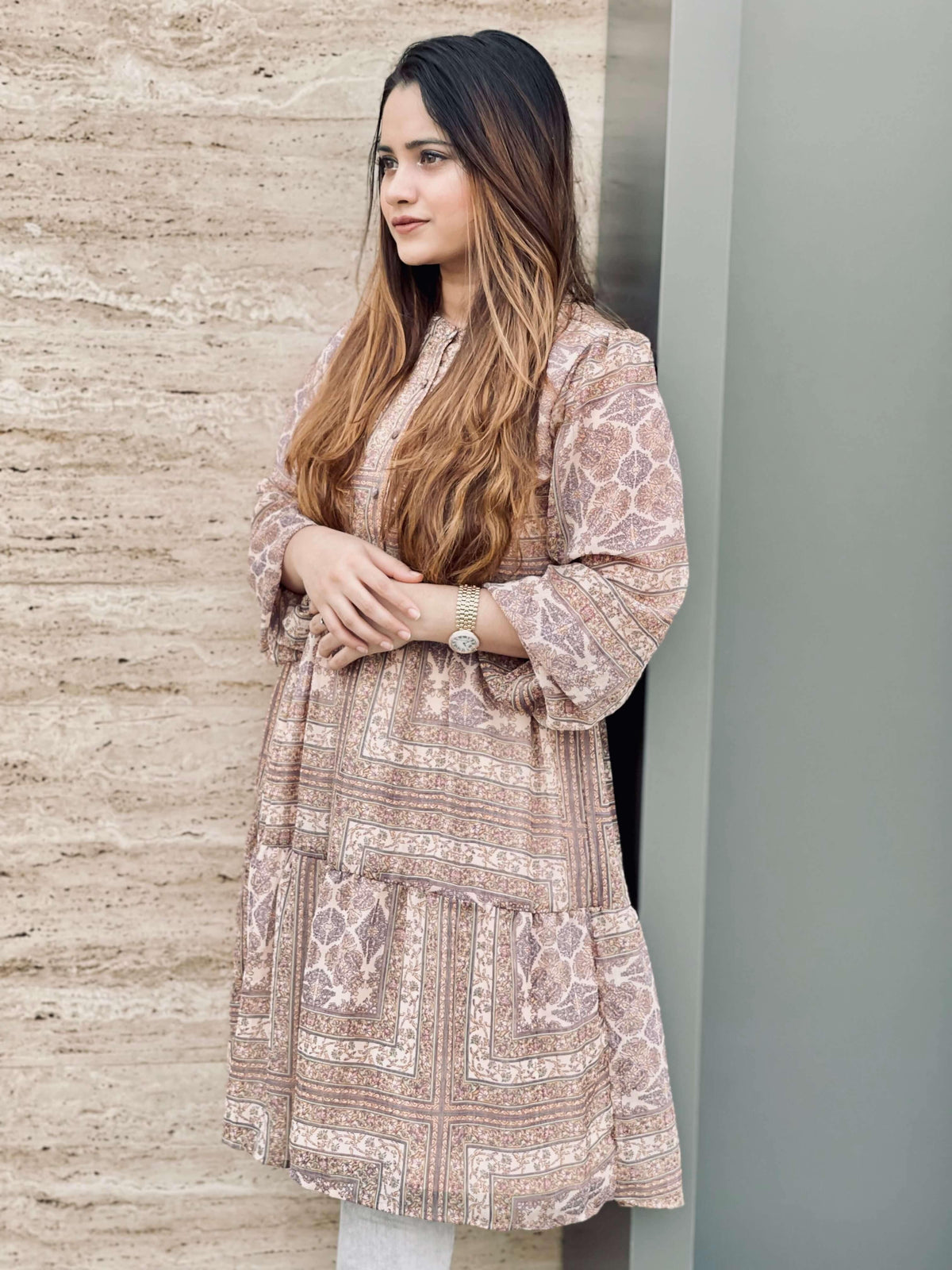 Abstract Printed Knee Length Dress (GBF7008) - GOOSEBERY