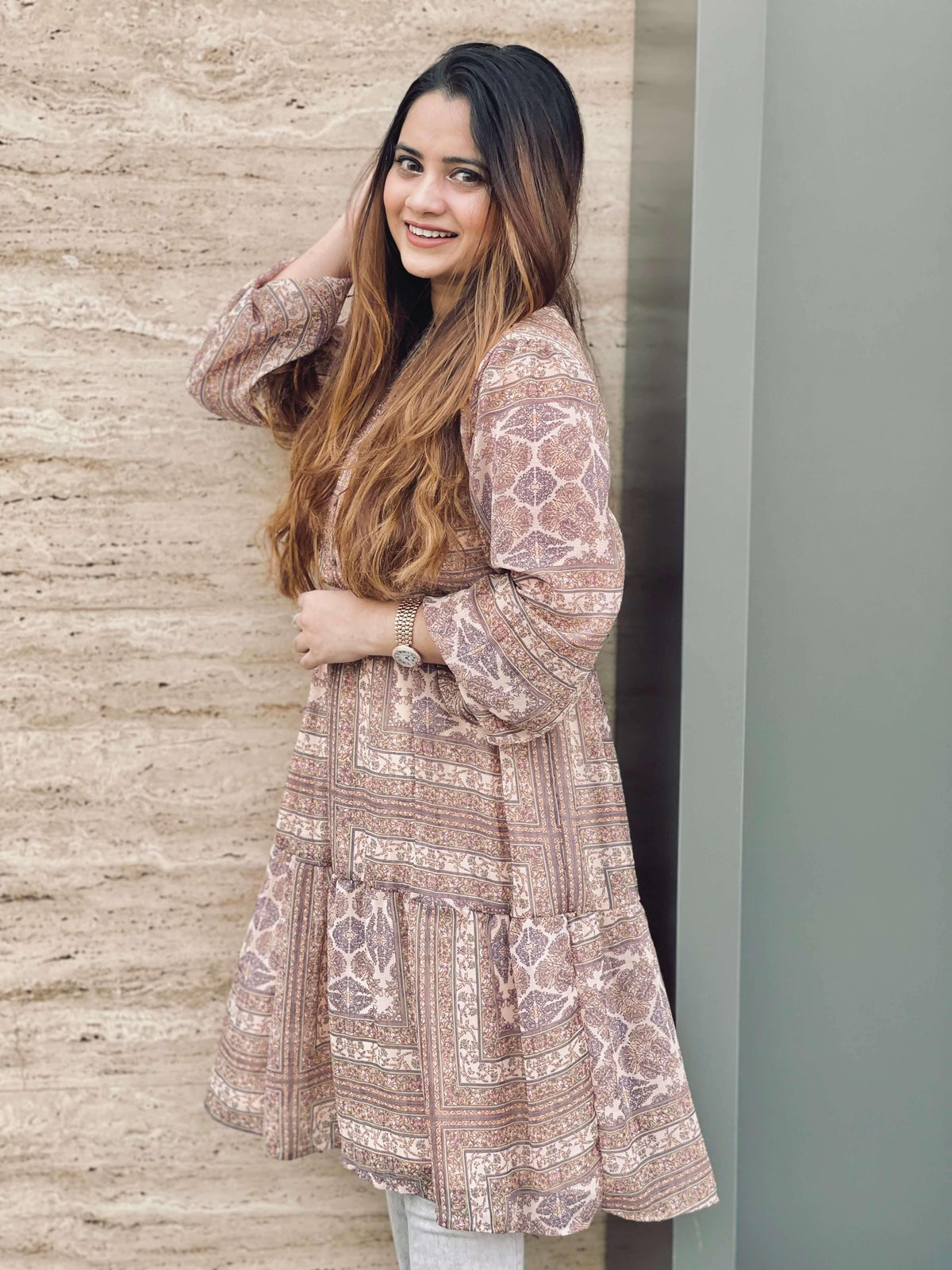 Abstract Printed Knee Length Dress (GBF7008) - GOOSEBERY