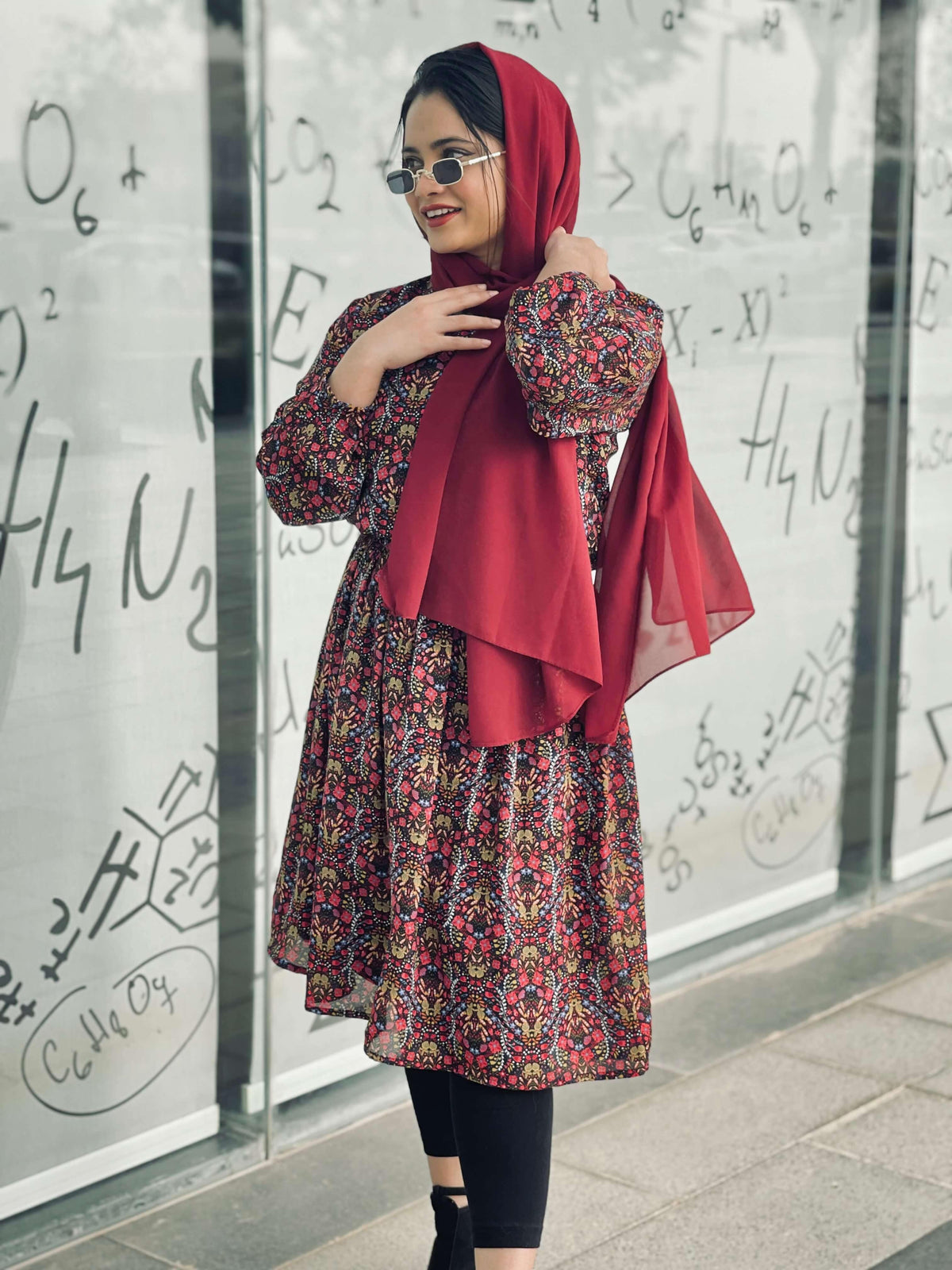Red Floral Printed Knee Length Dress (GBF7007) - GOOSEBERY