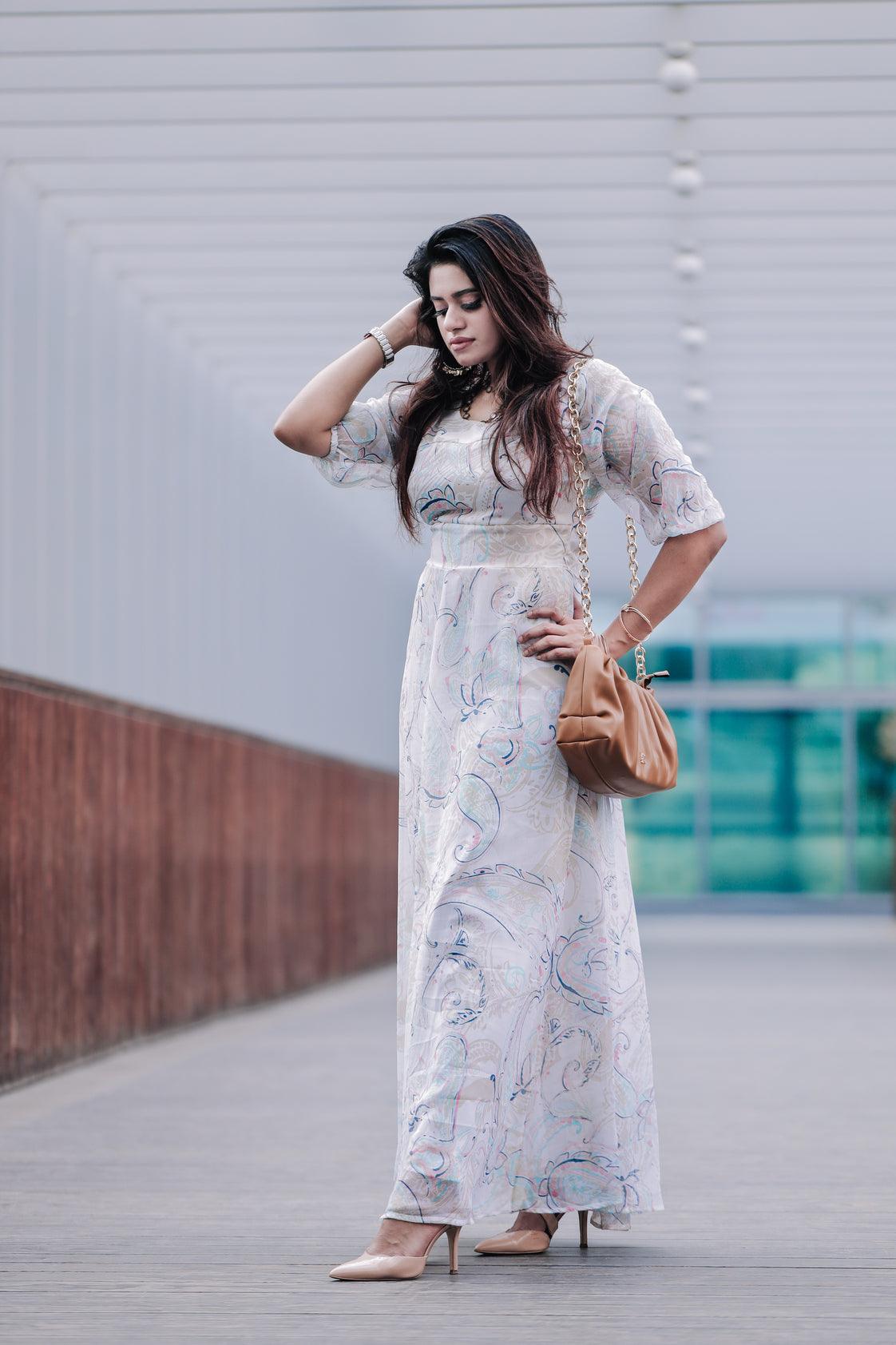 Off White Printed Maxi Dress (GBF8001A) - G O O S E B E R Y®