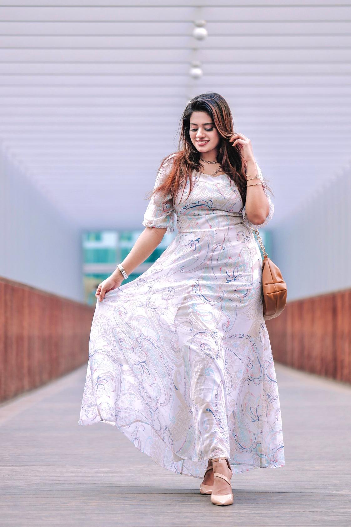 Off White Printed Maxi Dress (GBF8001A) - G O O S E B E R Y®