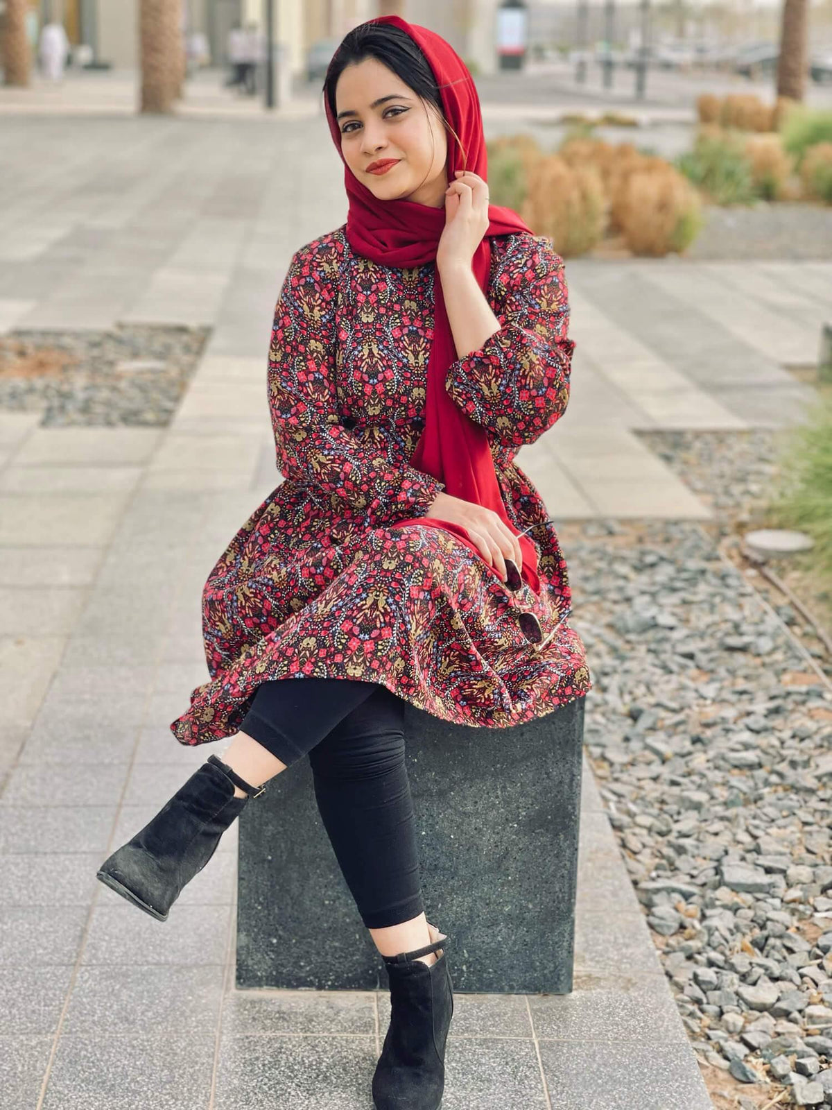 Red Floral Printed Knee Length Dress (GBF7007) - GOOSEBERY