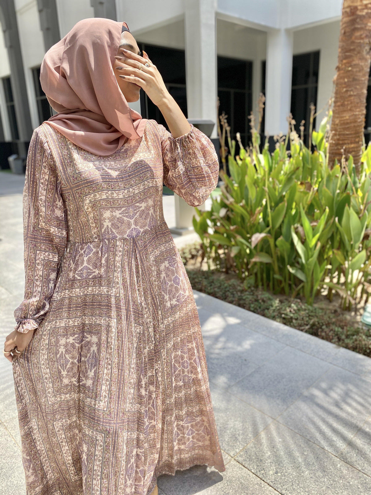 Beige Abstract Print Pleated Maxi Dress (GBF7003) - GOOSEBERY