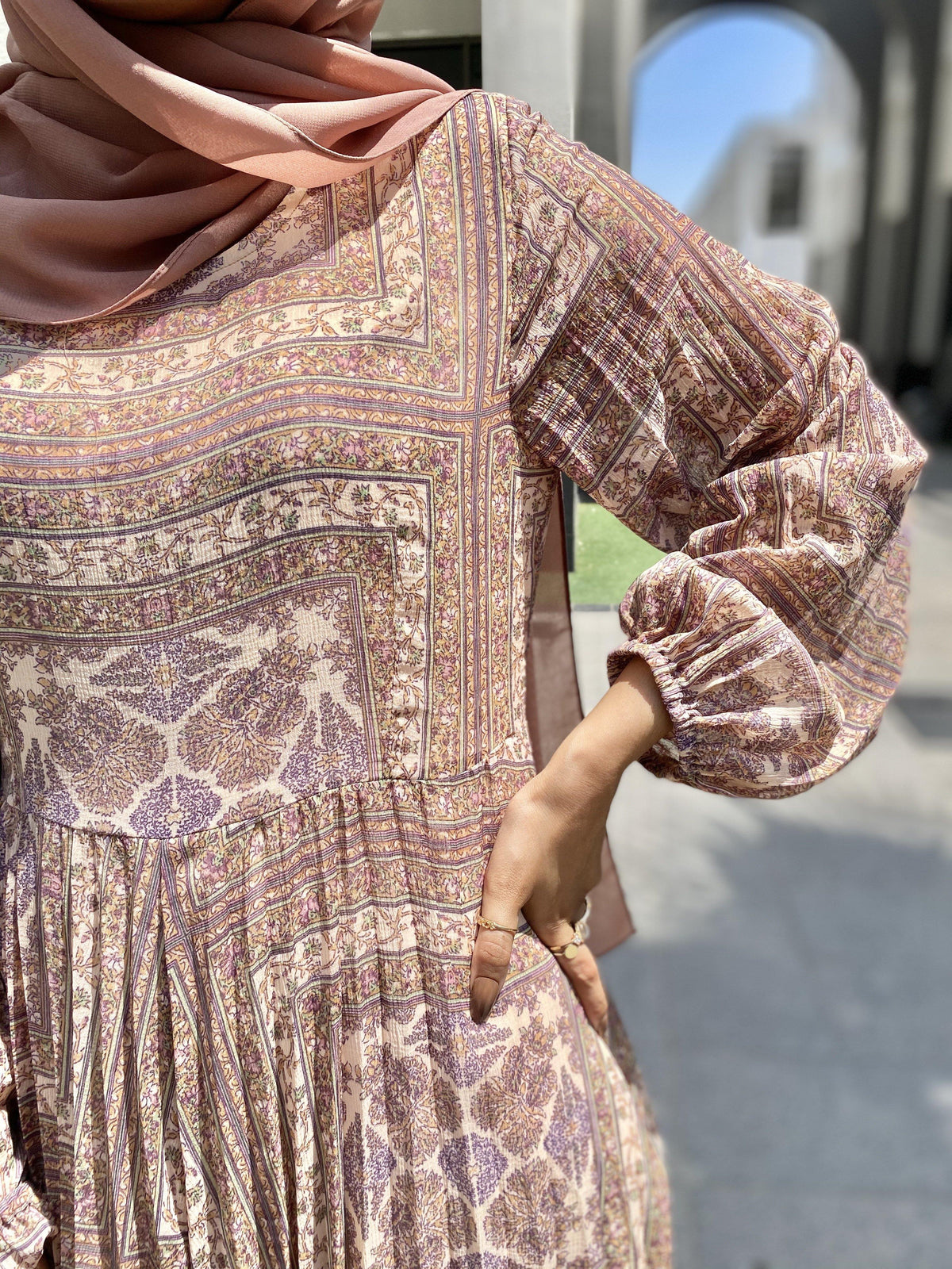 Beige Abstract Print Pleated Maxi Dress (GBF7003) - GOOSEBERY