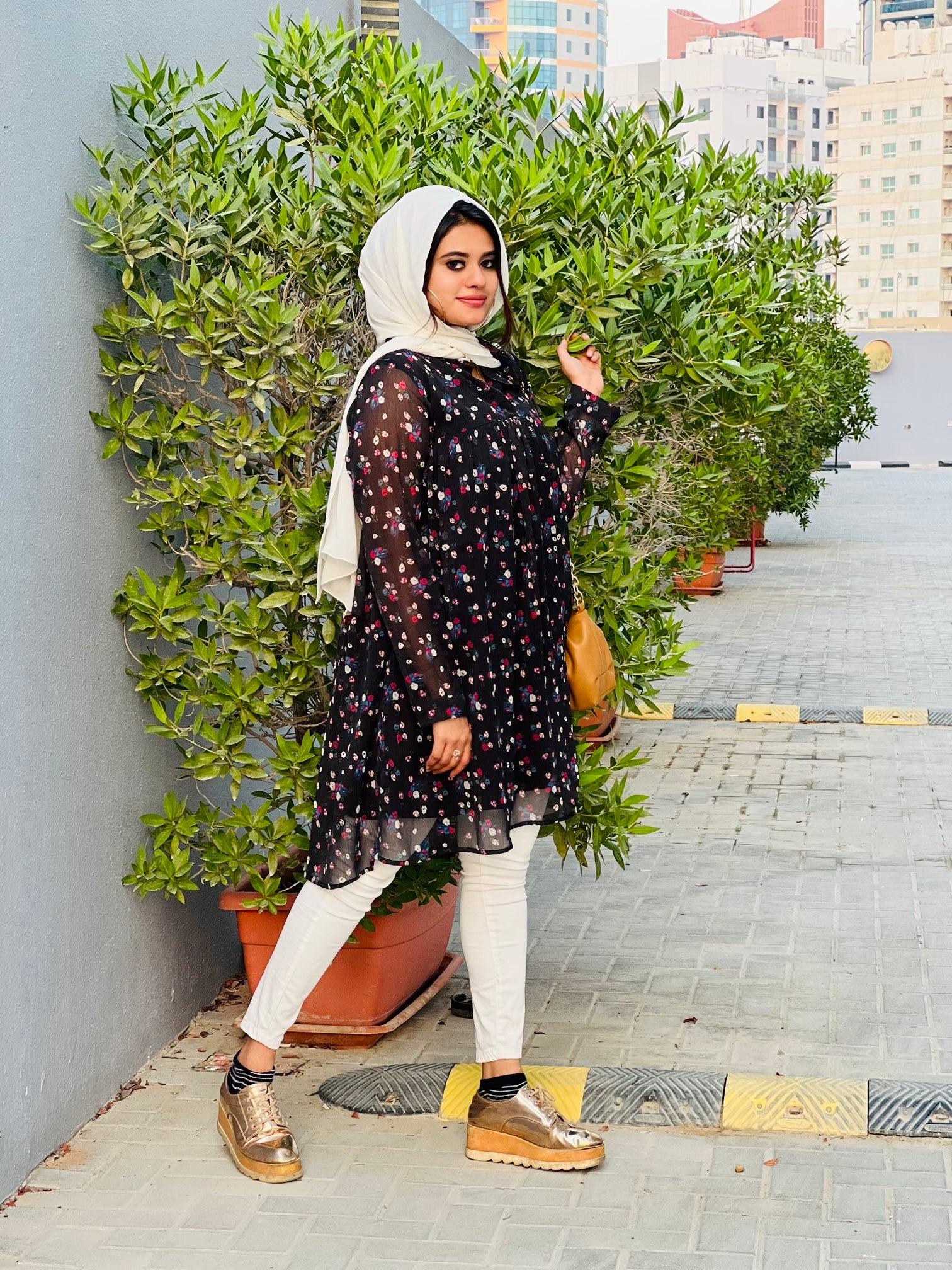 Black Floral Print Knee Length Dress (GBF8004A) - G O O S E B E R Y®