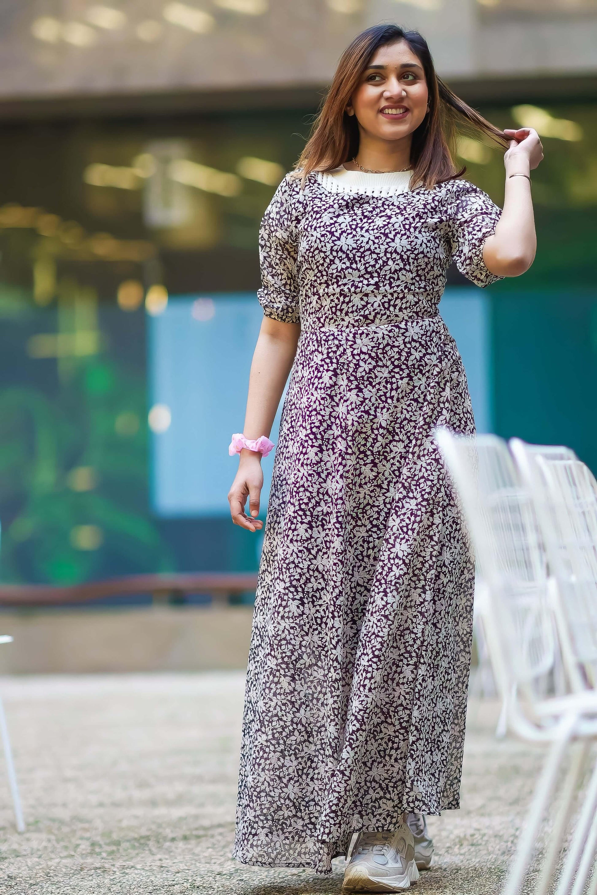 Black and White Floral Print Maxi Dress (GBF8001B) - G O O S E B E R Y®