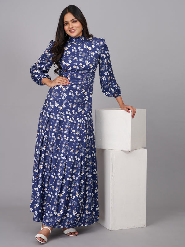 Blue Floral Print Tiered Maxi Dress (GBKU5233)