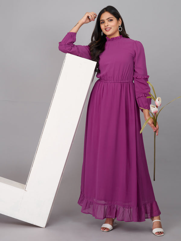 Purple Plain Gathered Maxi Dress (GBKU5240)