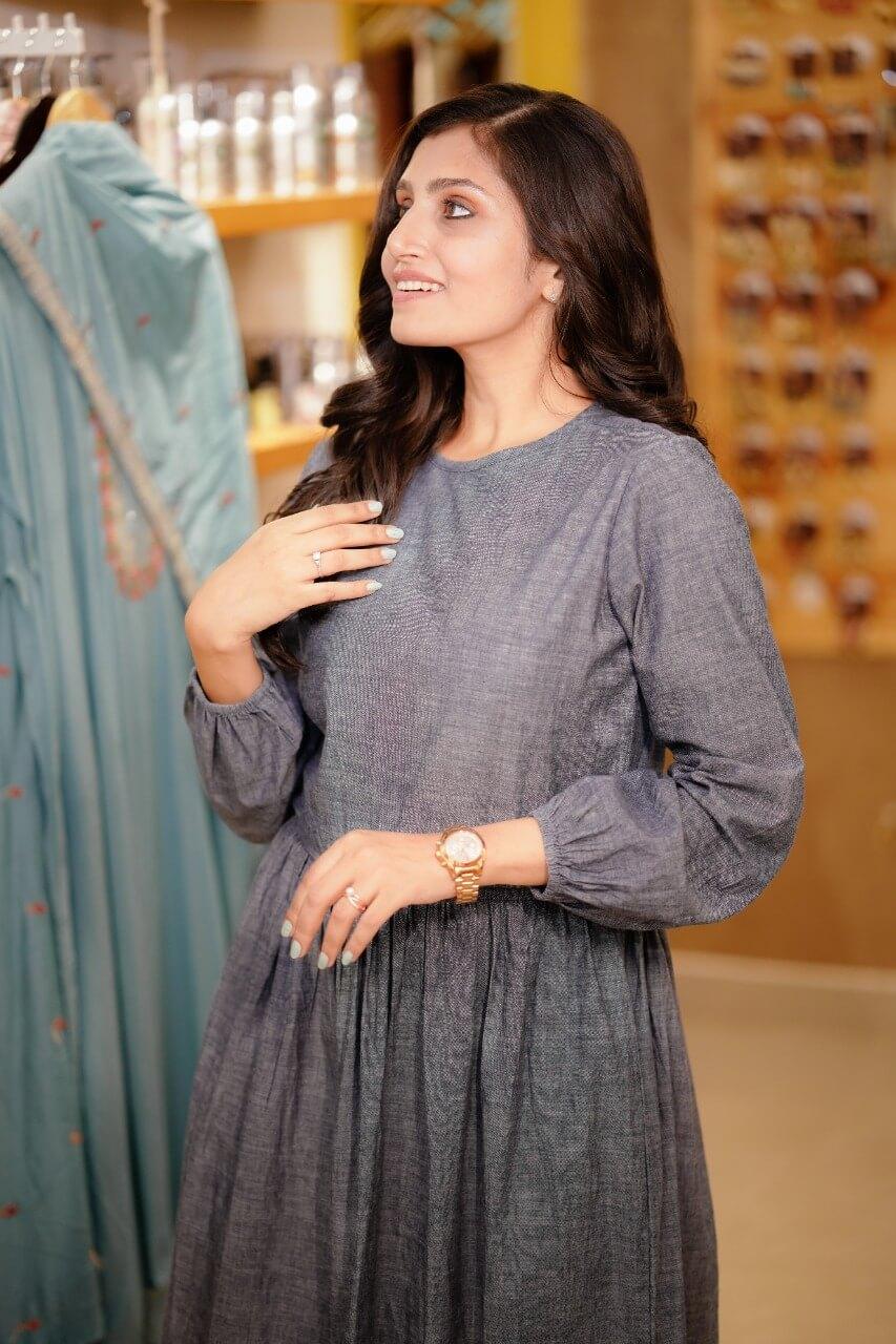 Solid Denim Effect Blue Knee Length Blue Dress (GBF7010) - G O O S E B E R Y®