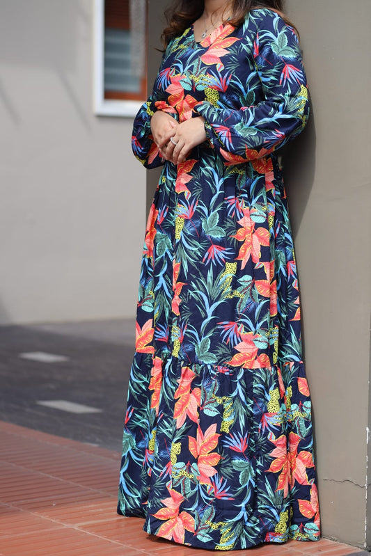 Dark Blue Floral Print Tiered Maxi Dress (GBP2058)