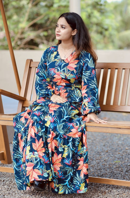 Dark Blue Floral Print Tiered Maxi Dress (GBP2058)