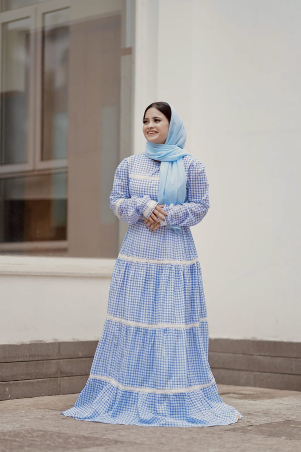 Women White and Blue Checks Maxi Dress (GBGM006B)