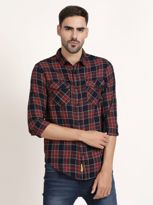 Men Red and Black Checked Semi Formal Shirt (GBRJ6016)