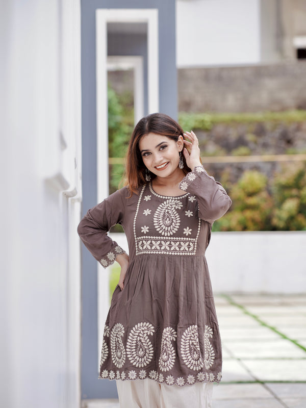 Brown Embroidery Print Short Top For Women (GBFT14845