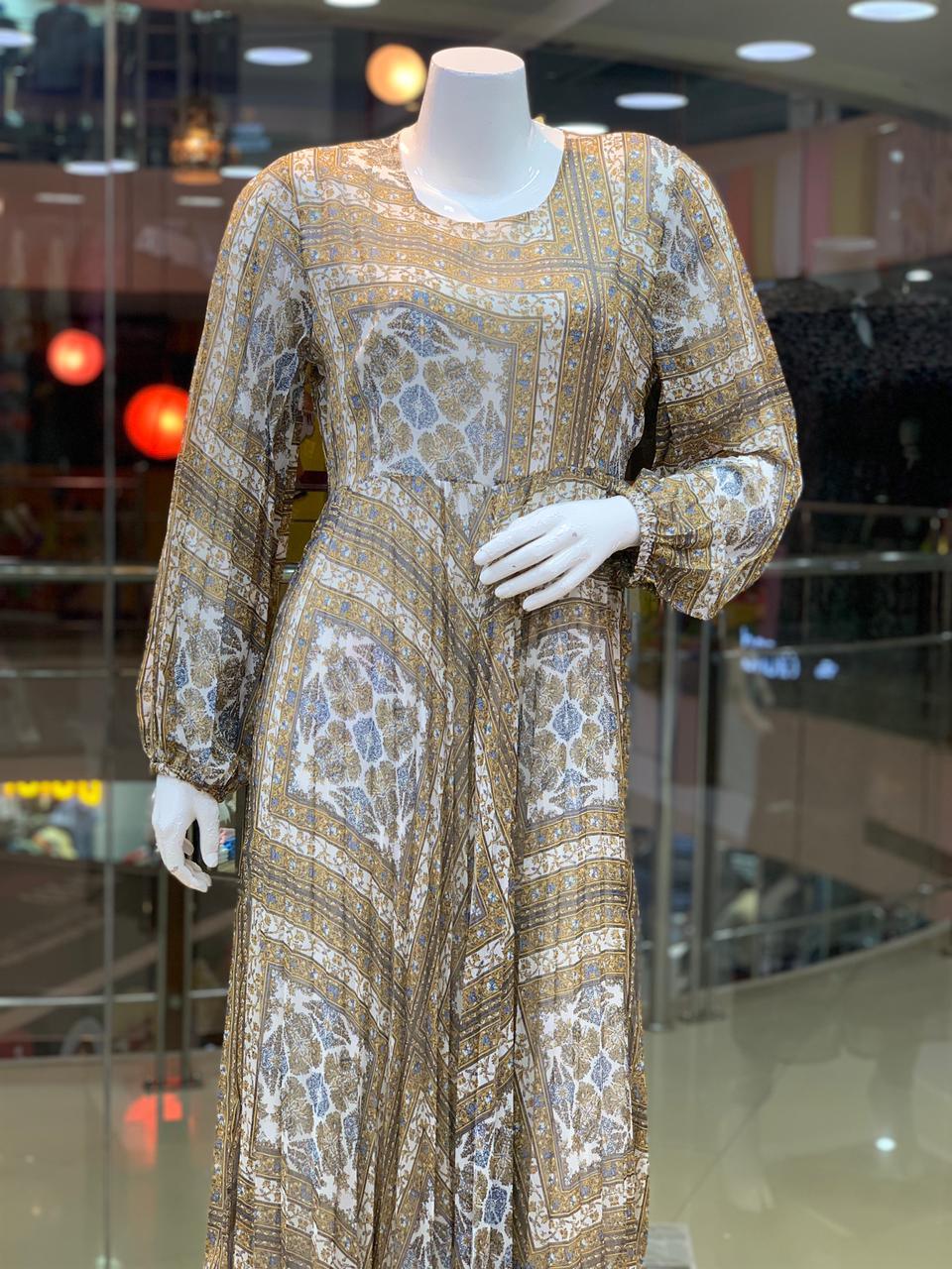 Dark Beige Abstract Print Pleated Maxi Dress (GBF7003B) - G O O S E B E R Y®