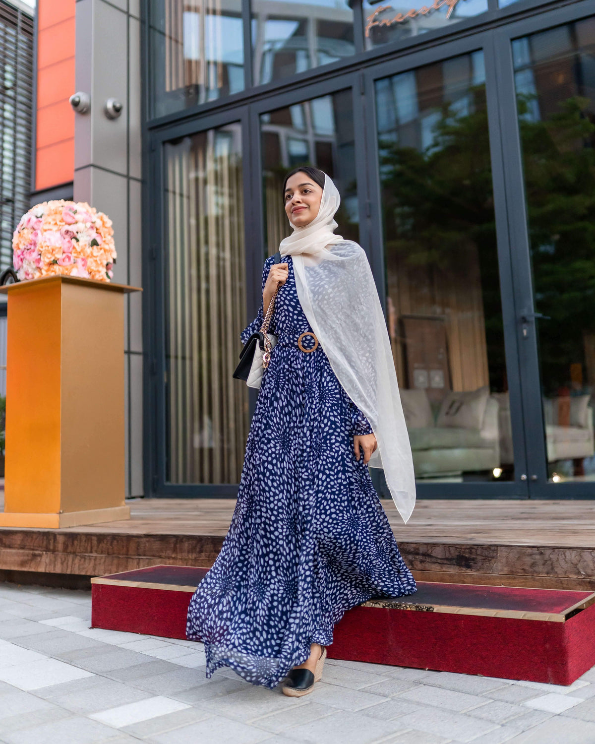 Blue Polka printed Pleated maxi dress (GBF7001) - GOOSEBERY