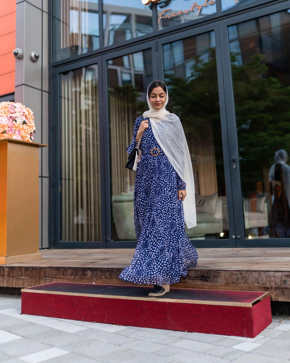 Blue Polka printed Pleated maxi dress (GBF7001) - GOOSEBERY