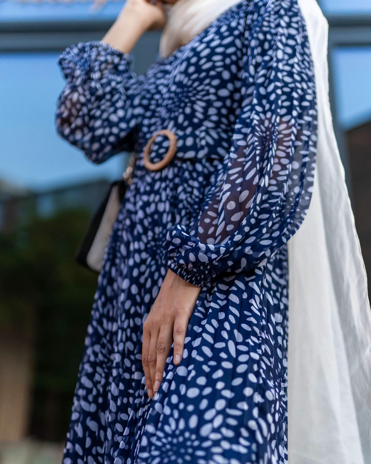 Blue Polka printed Pleated maxi dress (GBF7001) - GOOSEBERY